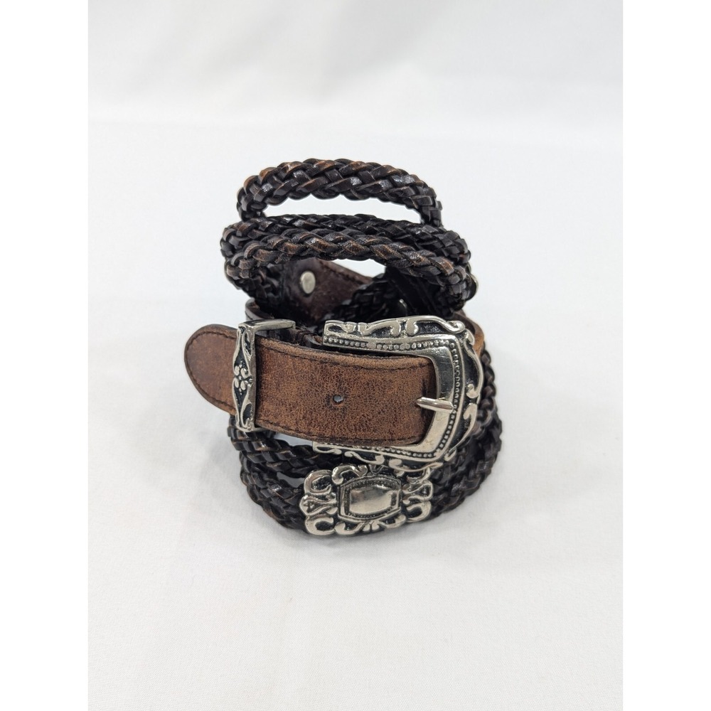 Amiee Lynn Belt Women 32 Braided Leather Brass Buckle Belt Brown Horse Bit